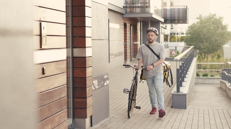 Food Delivery Guy Wearing Thermal Backpack Parks His Bike Next To The Entrance Of A Building To Make A Delivery For Clients And Customers