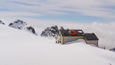 aerial view of cima d'asta alpine refuge also called rifugio brentari on dolomite mountains