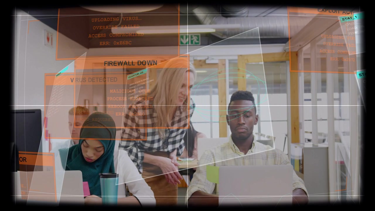 Mentor leaning while learners using laptops as system alerts appearing, guiding security training