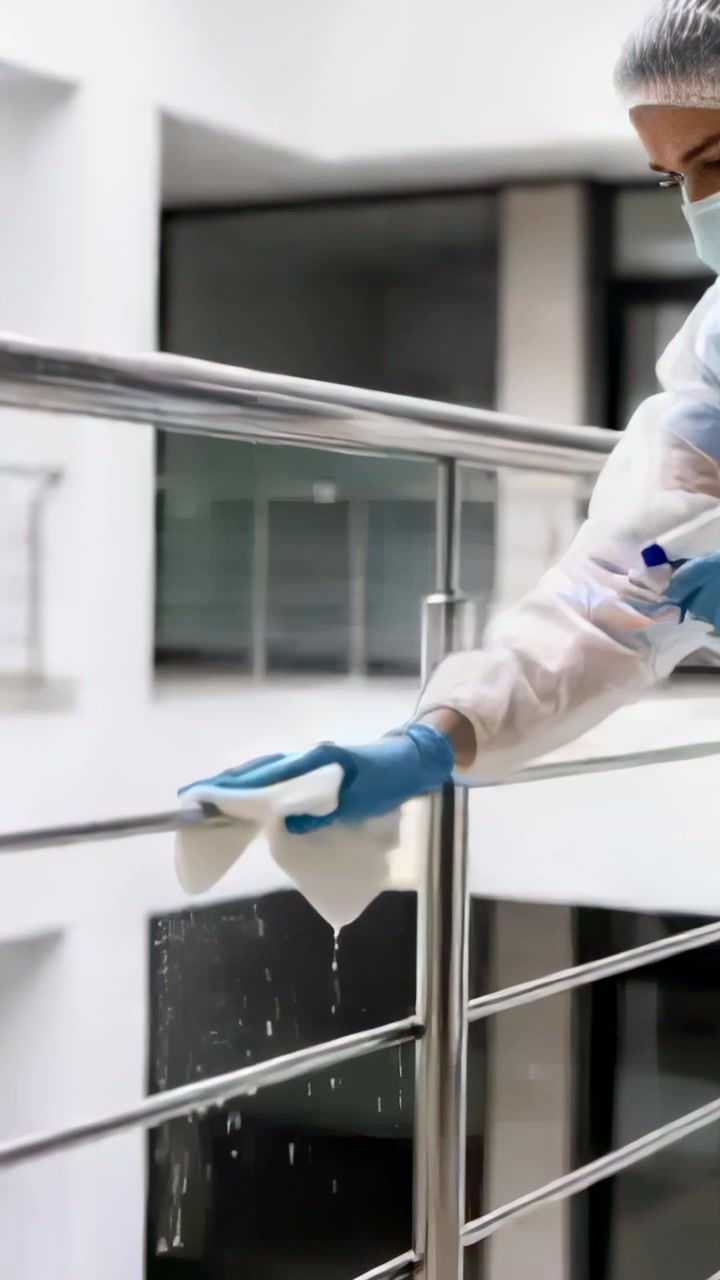 Vertical video: Spraying bottle, cleaner sanitizing steel railing at atrium in coverall, copy space