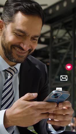 vertical video of smiling businessman sitting outside city offices looking at mobile phone with motion graphics emojis showing multiple messaging and social media notifications