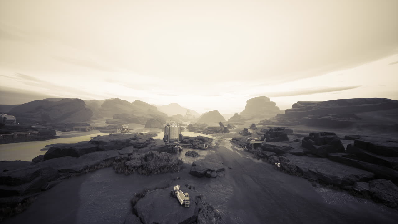 Cinematic perspective showcases village and natural surroundings at sunrise