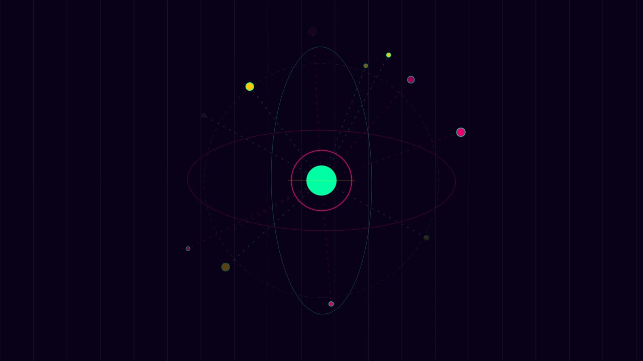 Animazione astratta di particelle in orbita attorno a un nucleo centrale