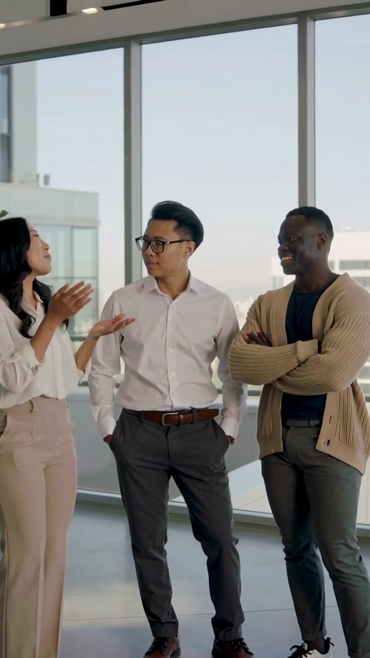 Video verticale: Inizio conversazione, donna con top bianco che espone un'idea mentre il team annuisce accanto alle finestre dell'ufficio.