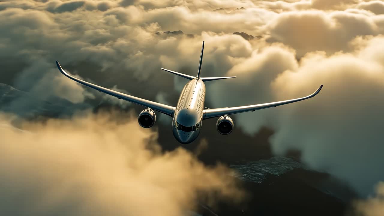 Aerial video of a plane soaring above clouds, captured from a high-angle view, showcasing dramatic
