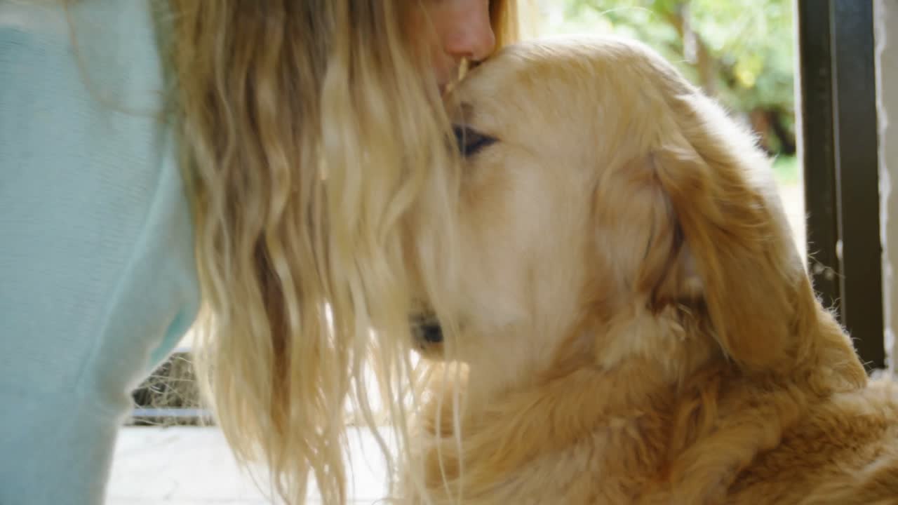 집 에서 개 를 키스 하는 여자 4k