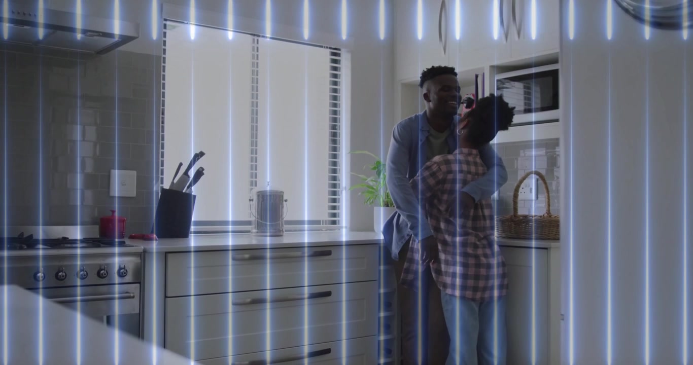 couple leaning on kitchen counter, displaying animated nutrition chart and recipe icons for health