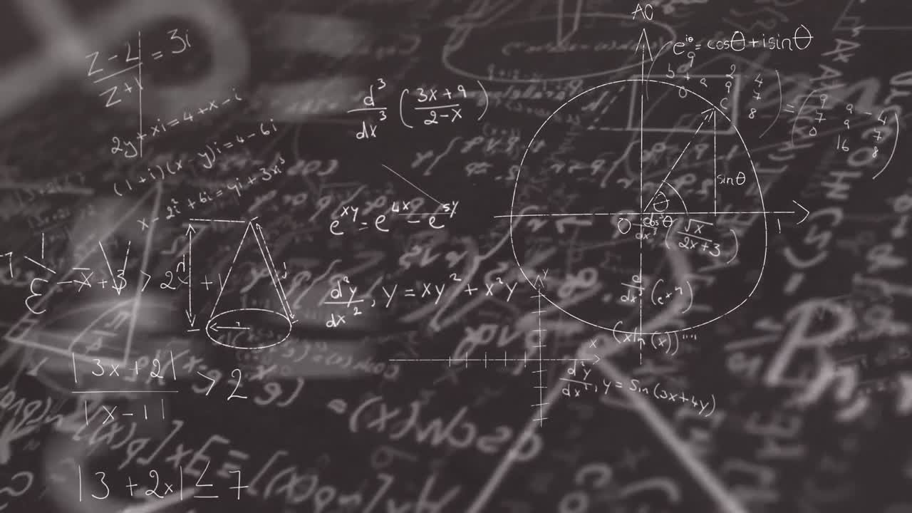 animación digital de ecuaciones matemáticas y diagramas flotando contra un fondo negro
