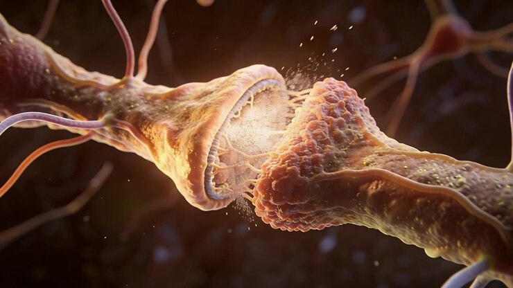 Releasing synapse showing vesicle contacting membrane, sending chemical cloud toward receptors
