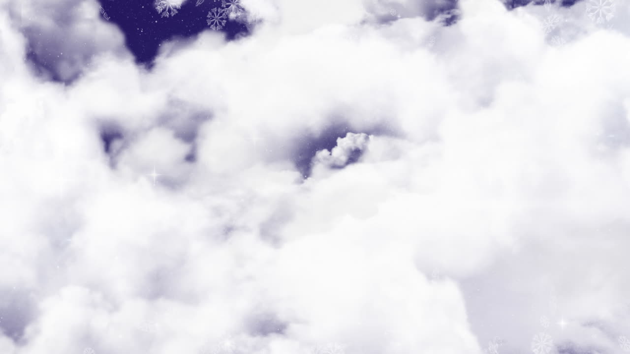 animación de nieve cayendo y cielo con nubes blancas en el fondo