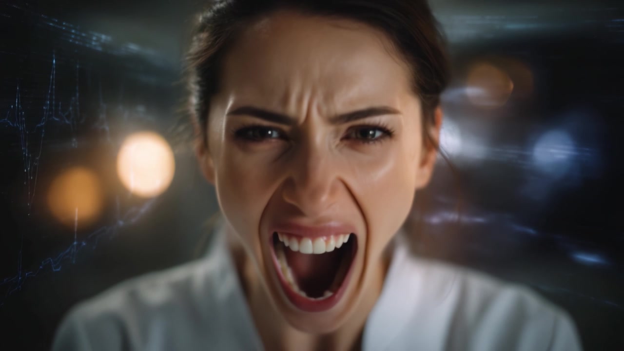 Intense Emotional Display of a Woman Expressing Anger and Frustration in a Futuristic Environment, Highlighting the Struggles of Modern Life and Technology Issues