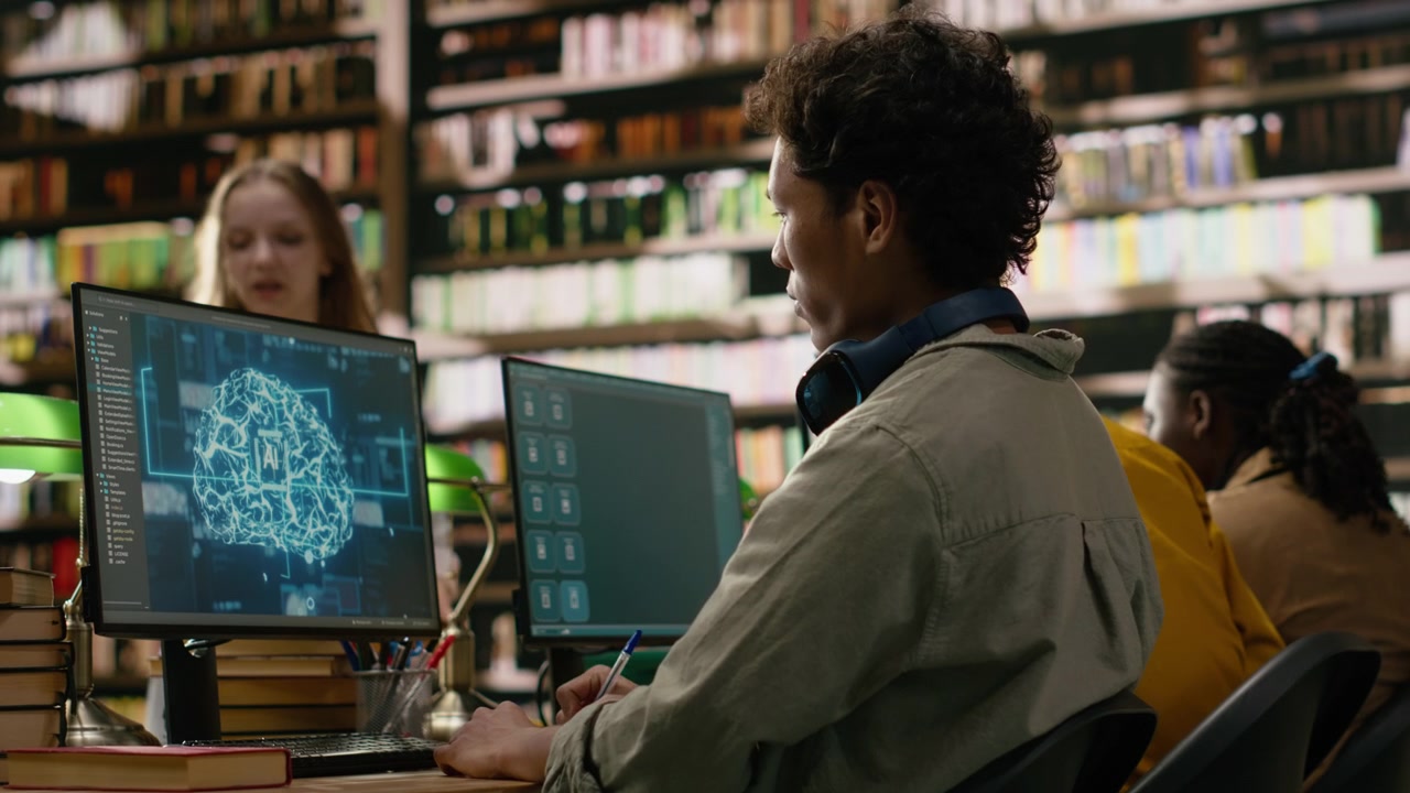 Asian student working with AI brain display on desktop monitor in library
