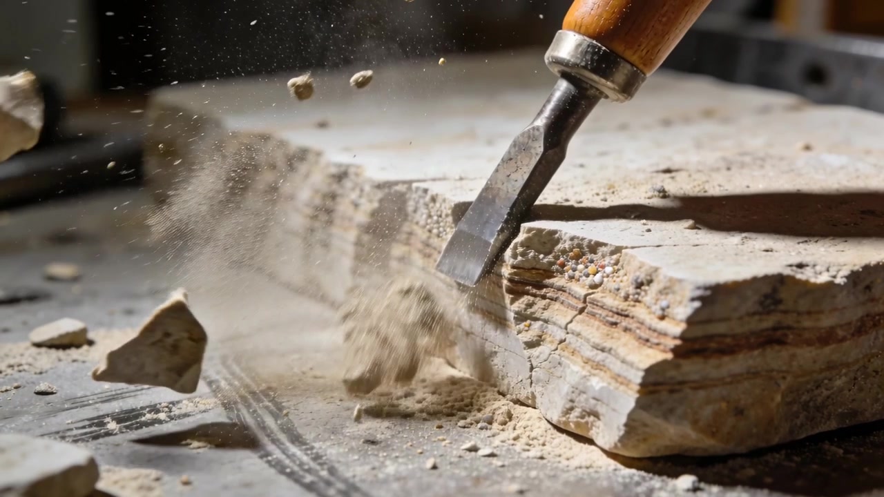 Schlägt auf einen Stahlmeißel mit Holzgriff, schnitzt eine geschichtete Platte auf einer Werkbank nahe der Klemmkante und entfernt Späne.
