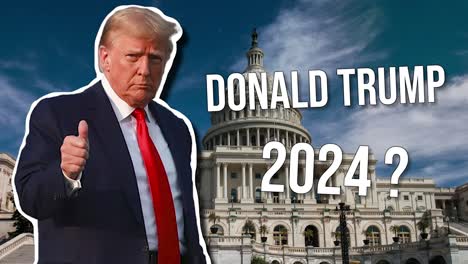 an animation of donald trump with the white house in the background while a questions slides in the frame asking donald trump 2024? when a white stroke appears behind the politician. republican.