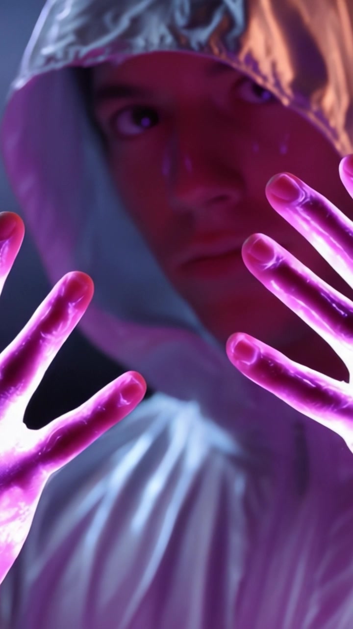 Un individuo misterioso con una chaqueta con capucha reflectante revela sus manos brillantes, sugiriendo una conexión con un tema de otro mundo o futurista