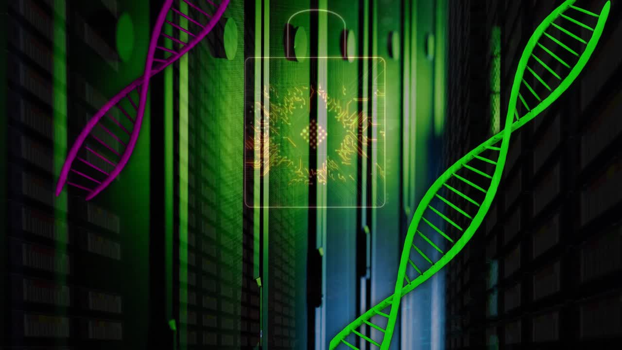 Animation of spinning dna strand over server room