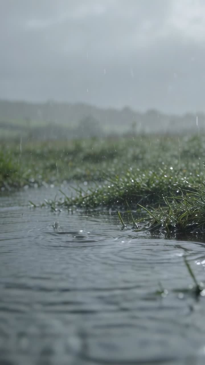 Vertikal video: Første regndråbe rammer en vandpyt, regn danner ringe og væder græsset, som vejrbillede.