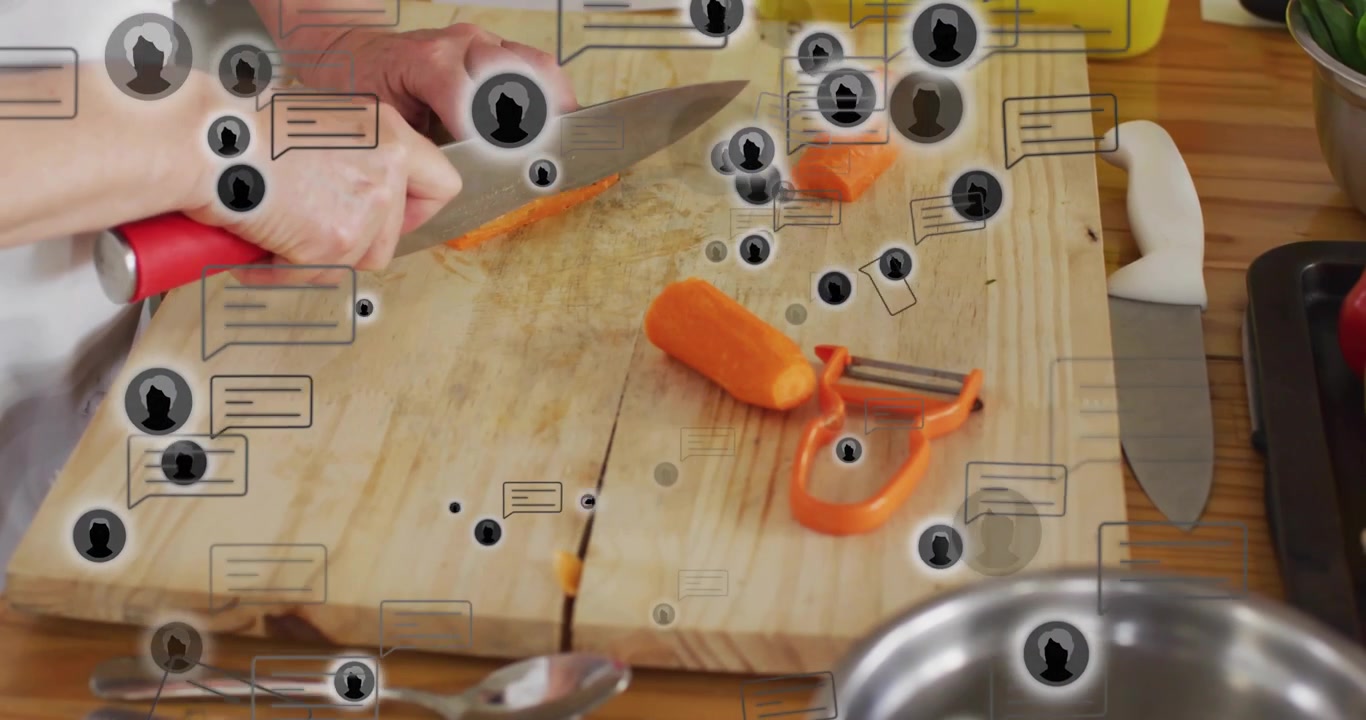 Woman chef placing carrot on board and slicing rounds for cooking with animated slice counter