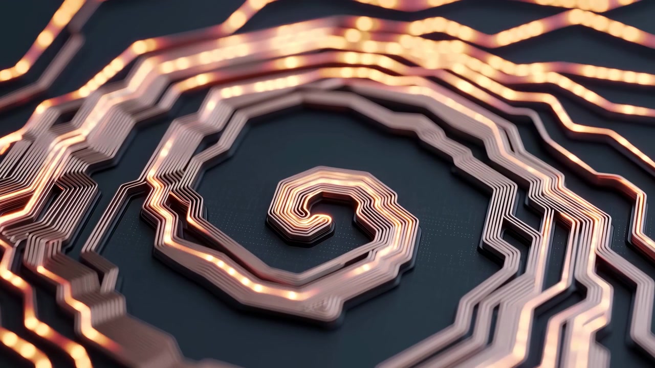 Close-up layered copper circuit traces forming concentric octagonal spiral with glowing inner edges and surrounding arc bands on dark matte board, abstract technology pattern
