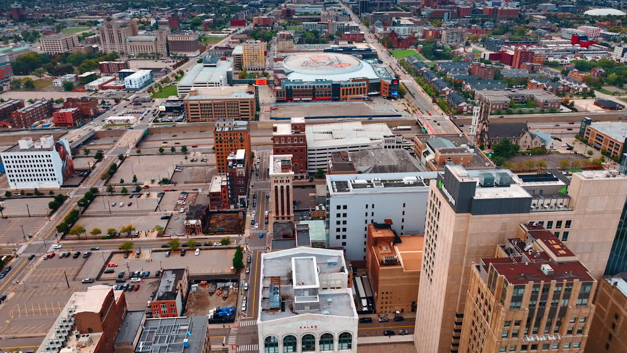 Detroit, USA, 11 August 2025: Expansive aerial shot of Detroit skyline. Ford Field dome and Renaissance Center dominate amid highways and industrial zones