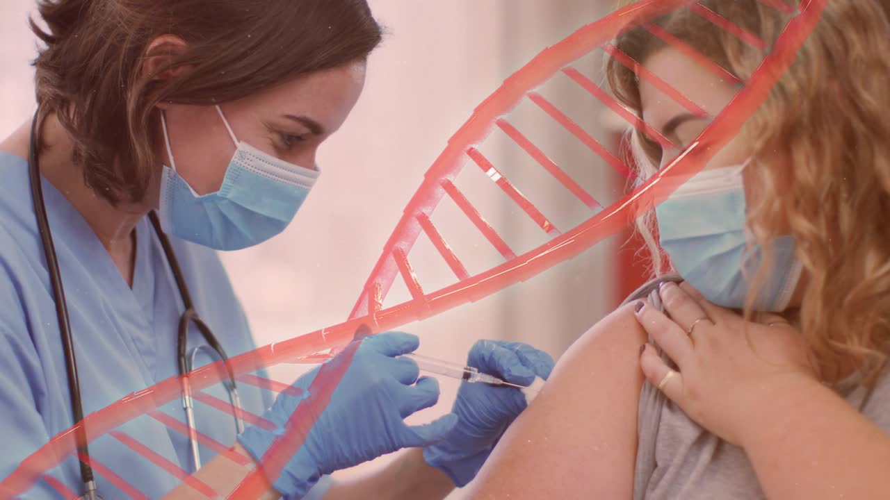 Clinician bringing syringe to patient's arm inserting and giving vaccine while red helix sweeping