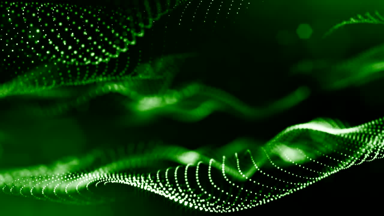 3d render of luminous particles as science fiction background or modern abstract green background of particles with depth of field and bokeh like vj loop. Particles form structure of wavy surface 1
