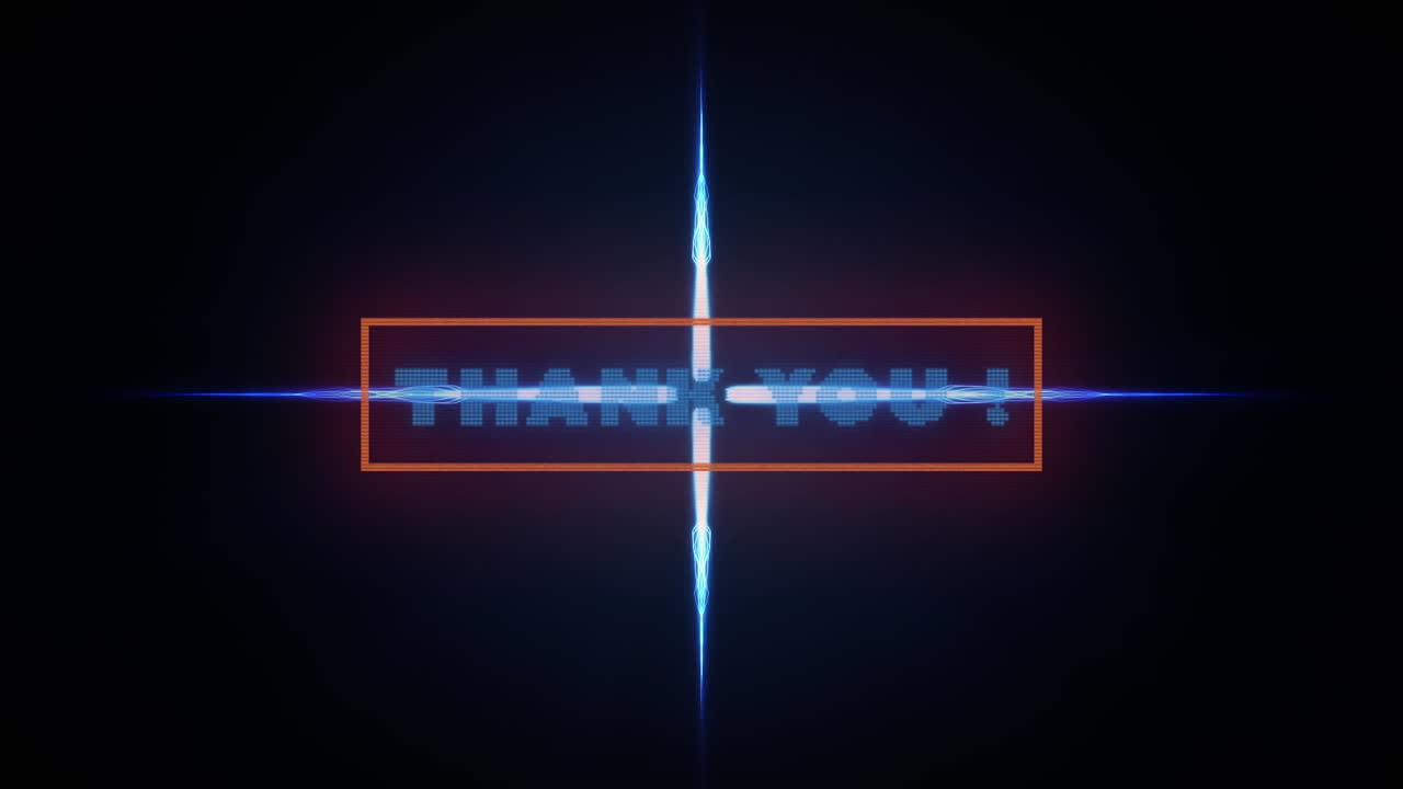animación digital de un banner de texto de agradecimiento contra ondas digitales azules sobre fondo negro