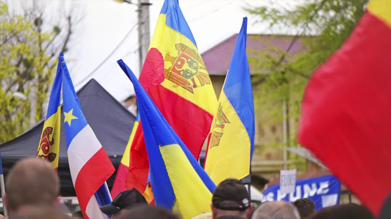 People protesting for snap elections in front of constitutional court building, Chisinau, Moldova. Slow motion