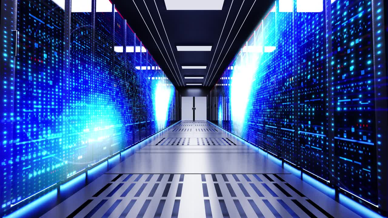 4k modern interior server room data center bckground connection and cyber network in dark servers