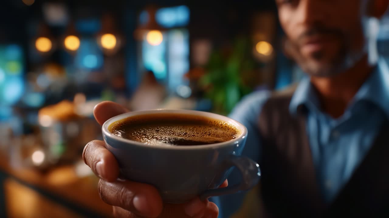 Un barista concentrato che serve un caffè ricco e aromatico con vapore, catturando l'essenza della cultura del bar e la gioia di preparare il caffè