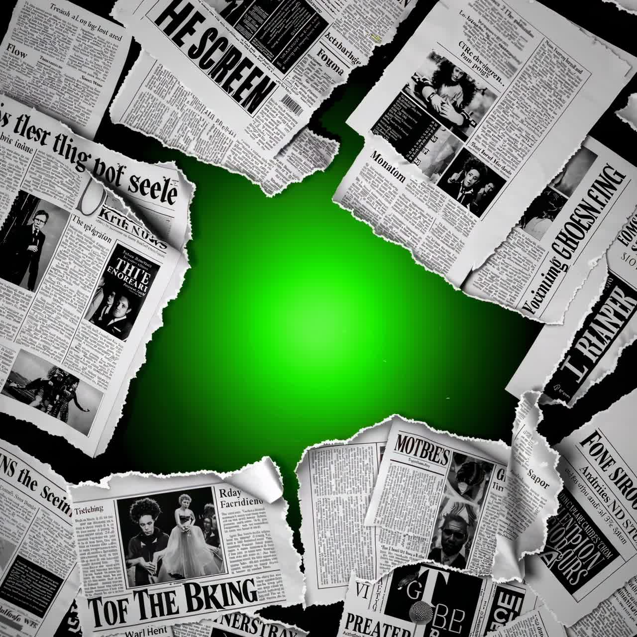 Top-down view of torn newspapers revealing a vibrant green center, suggesting a dynamic video