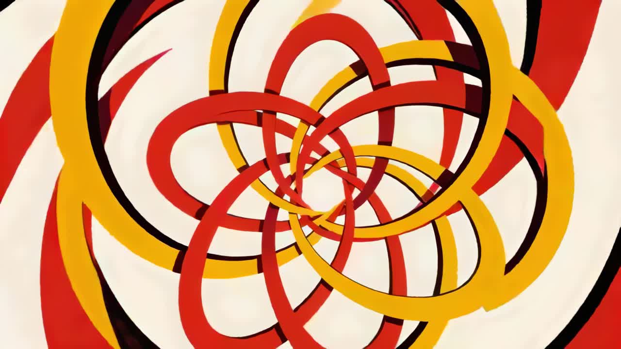Animation starting red yellow bands interlocking, rotating on off-white ground forming rosette
