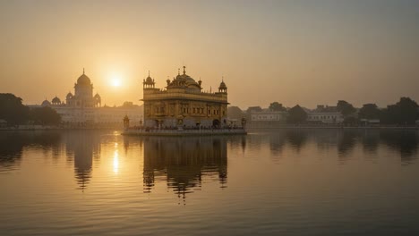 a serene sunrise over gleaming waters: the majestic reflection of an architectural marvel in the misty dawn light