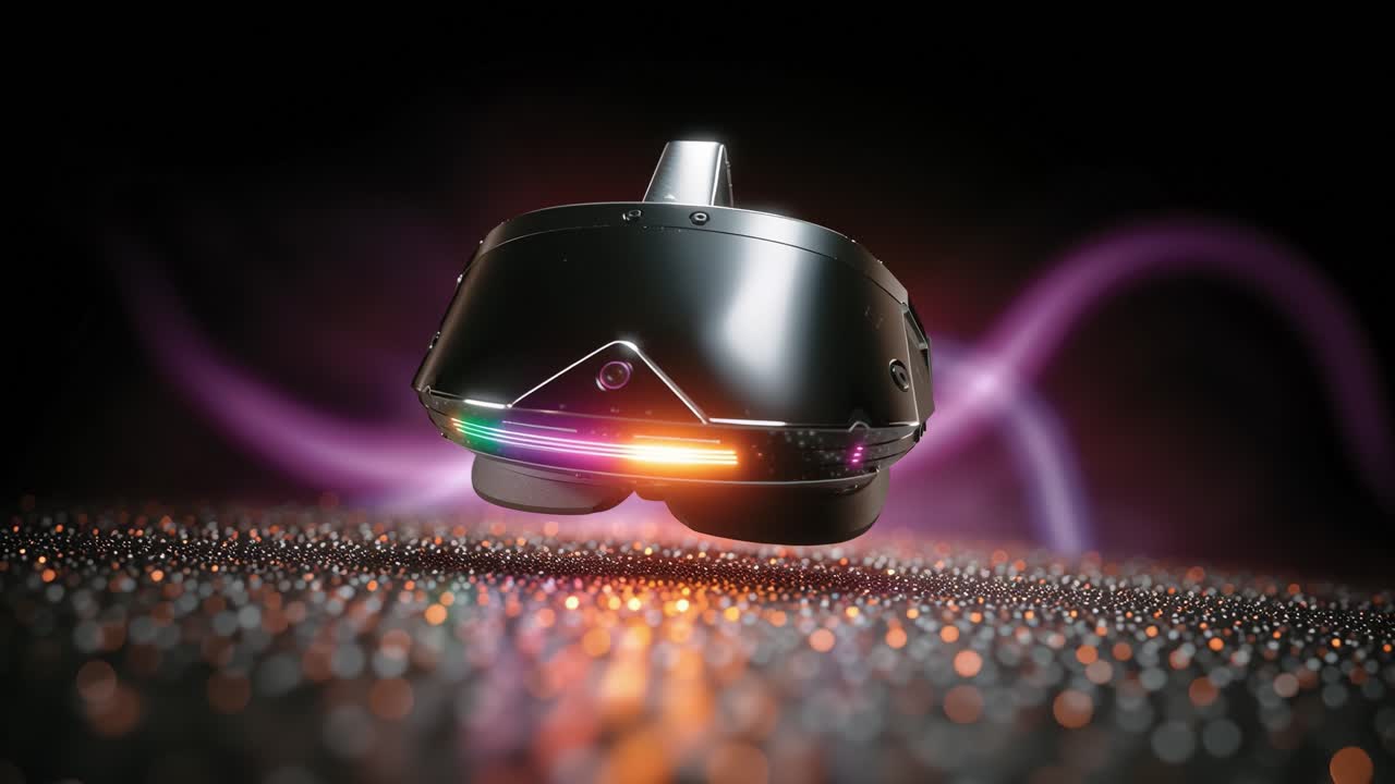 Modern virtual reality headset with glowing lights floating and rotating over a sparkling surface, showing the advancement of immersive technology and metaverse exploration in a dark environment