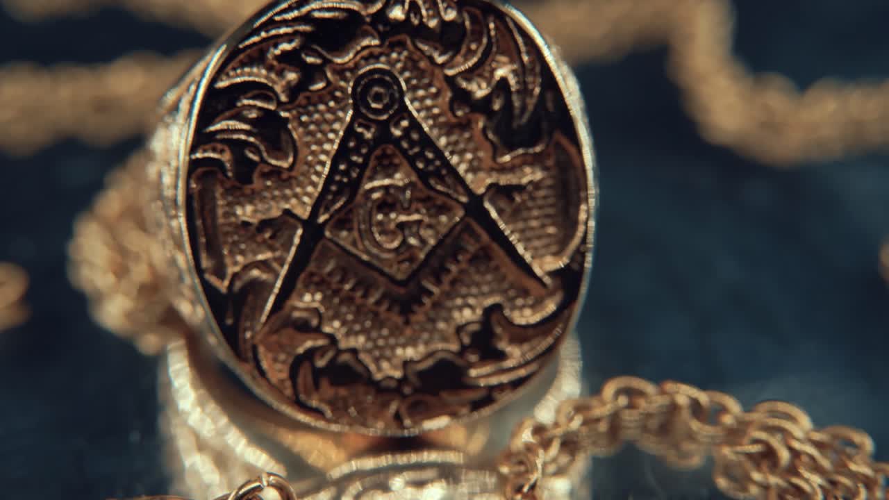 A macro detailed shot of a golden textured freemasons ring, on a rotating mirror reflection stand, illuminati symbol, studio light, 4K video, tilt up movement, necklace shallow depth of field