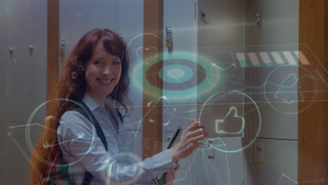 network of digital icons against portrait of caucasian girl opening her locker at college