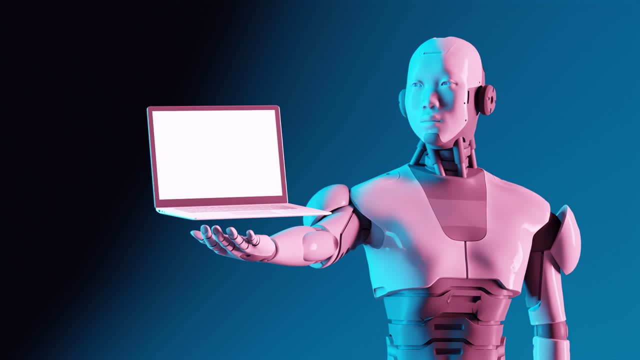un cyborg colorido generado por computadora en 3d revela el último diseño de computadora portátil