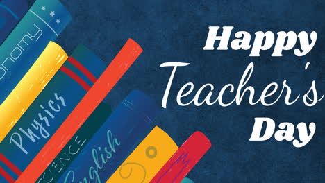 animation of happy teacher's day text over books icons on blue background