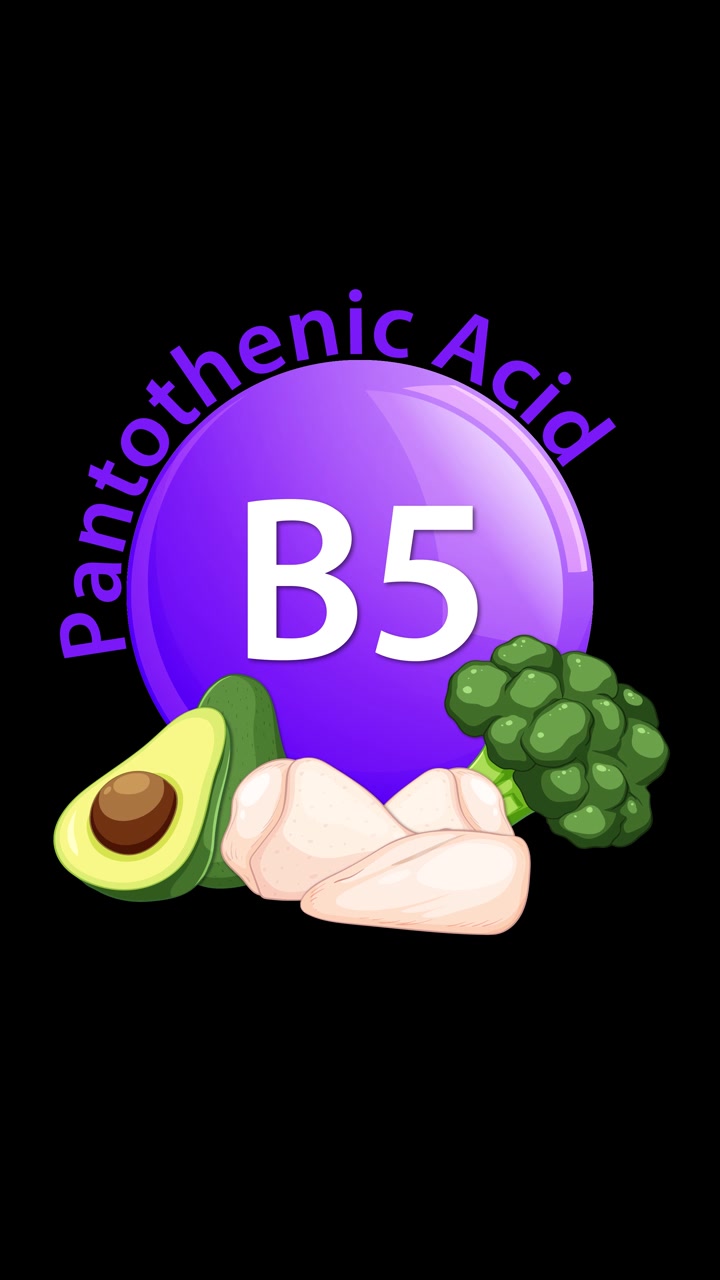 Un'icona viola della Vitamina B5 si anima con il testo 'Acido Pantotenico', seguita da avocado, pollo e broccoli illustrati su sfondo nero