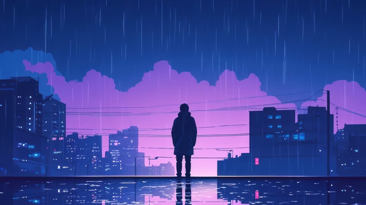Silhouette di una persona in un paesaggio urbano di notte, vista da un angolo inferiore