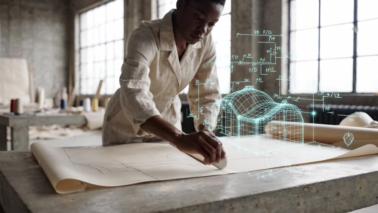 Un designer creativo che si concentra su modelli di carta in un luminoso studio, mostrando l'arte del disegno e il processo di creazione di design di moda.