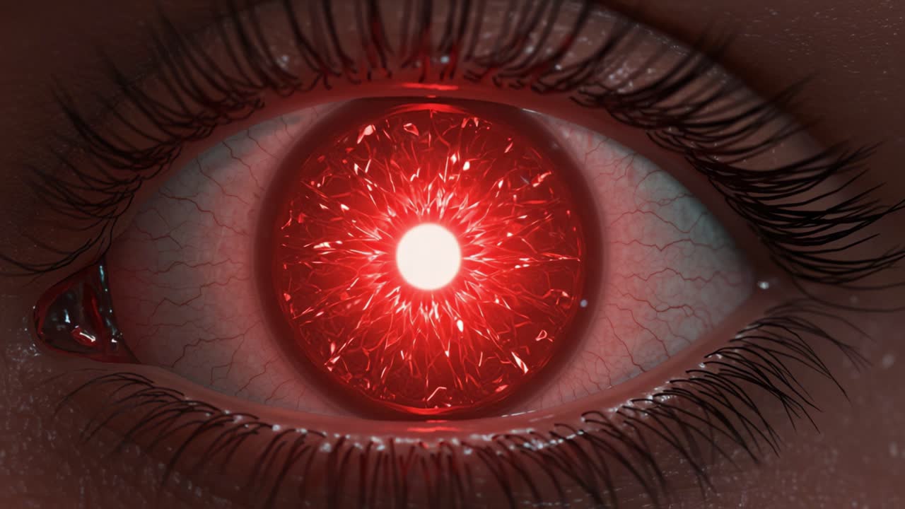 A captivating close-up of an eye featuring a glowing red center, embodying a blend of realism and surrealism, evoking a sense of intrigue and mystery