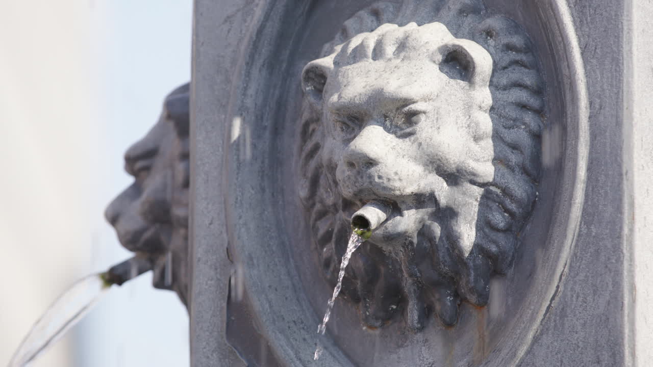 Slow motion, closeup of a lion on Youngstorget Fountain, Oslo