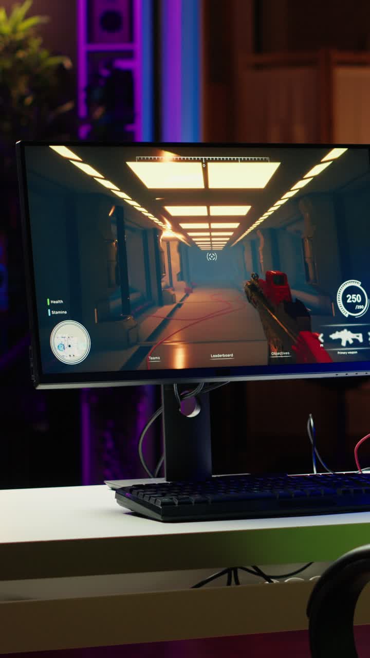 Vertical video Computer in home with colorful gpu and cpu parts, panning shot