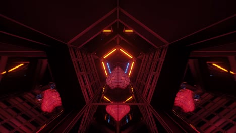 VJ-Loop---3D-Pink-Heart-Rolling-Along-a-Hi-Tech,-Reflective-Pentagonal-Tunnel