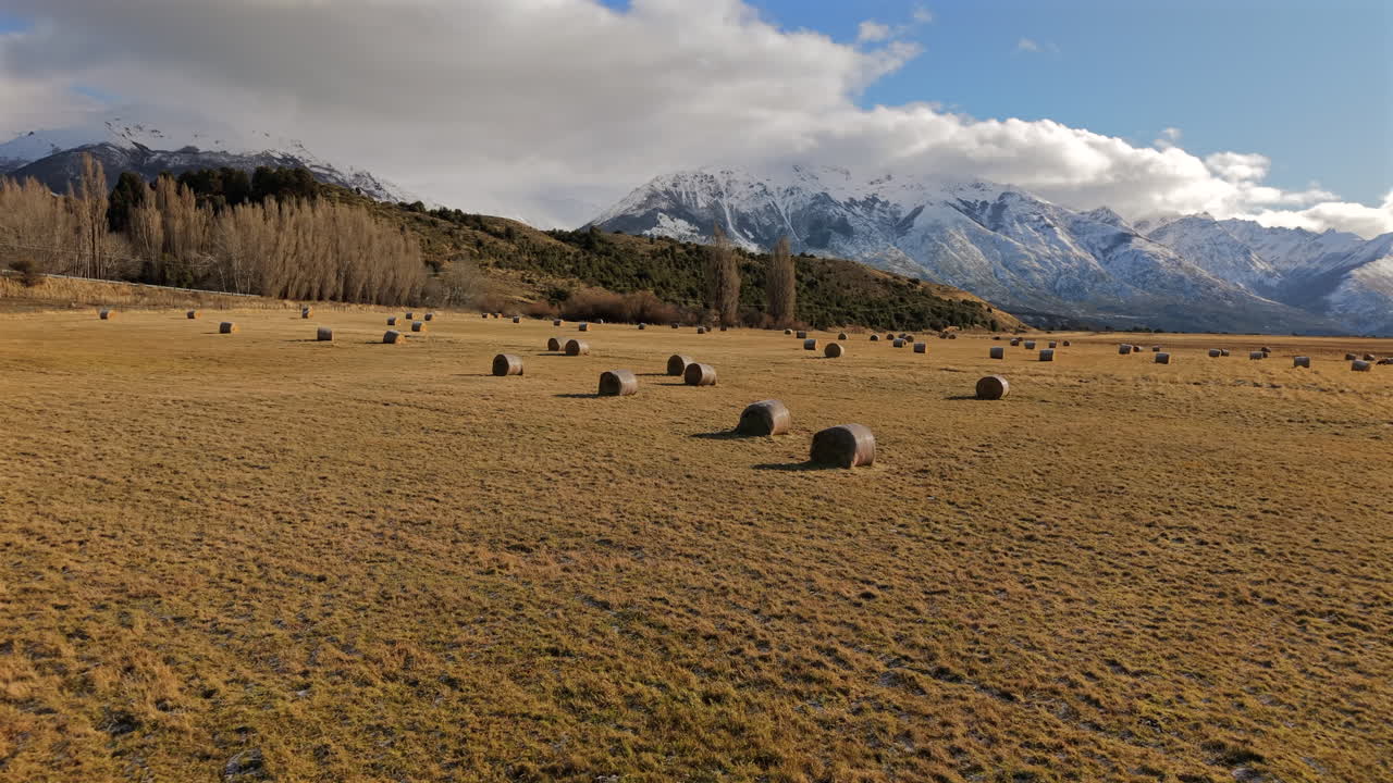 Hay bales scattered across field in Patagonia, Argentina, with Andes mountains rising in background under clear blue sky