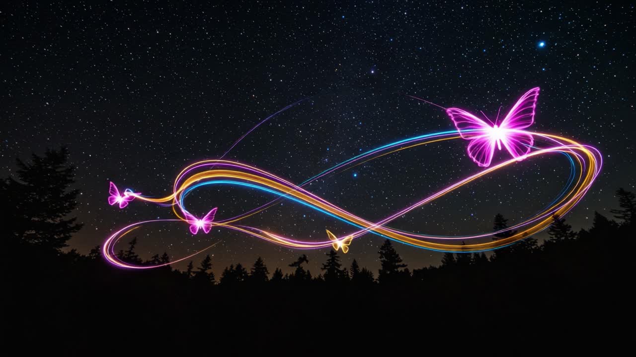 A Stunning Display of Colorful Light Trails in the Night Sky Featuring Ethereal Butterflies Soaring Amidst a Starry Background, Creating a Dreamlike Atmosphere