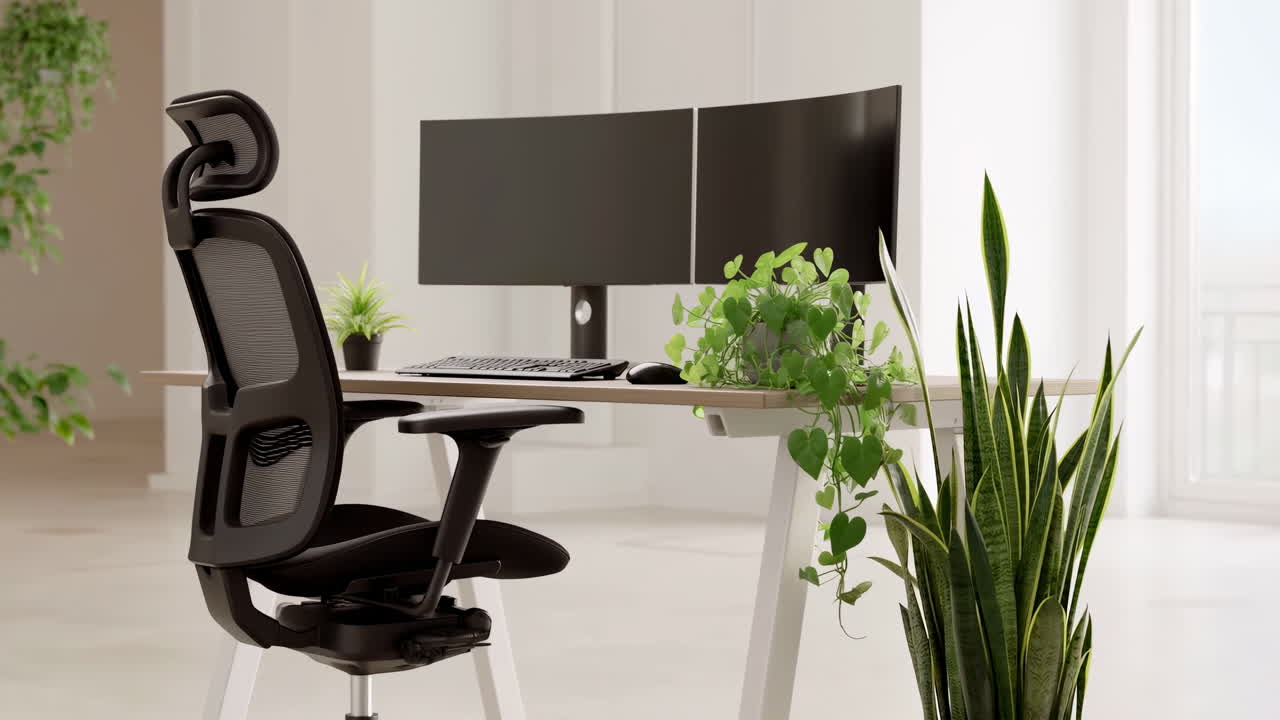 Espaço de Trabalho de Escritório Doméstico Moderno com Cadeira Ergonômica e Monitores Duplos