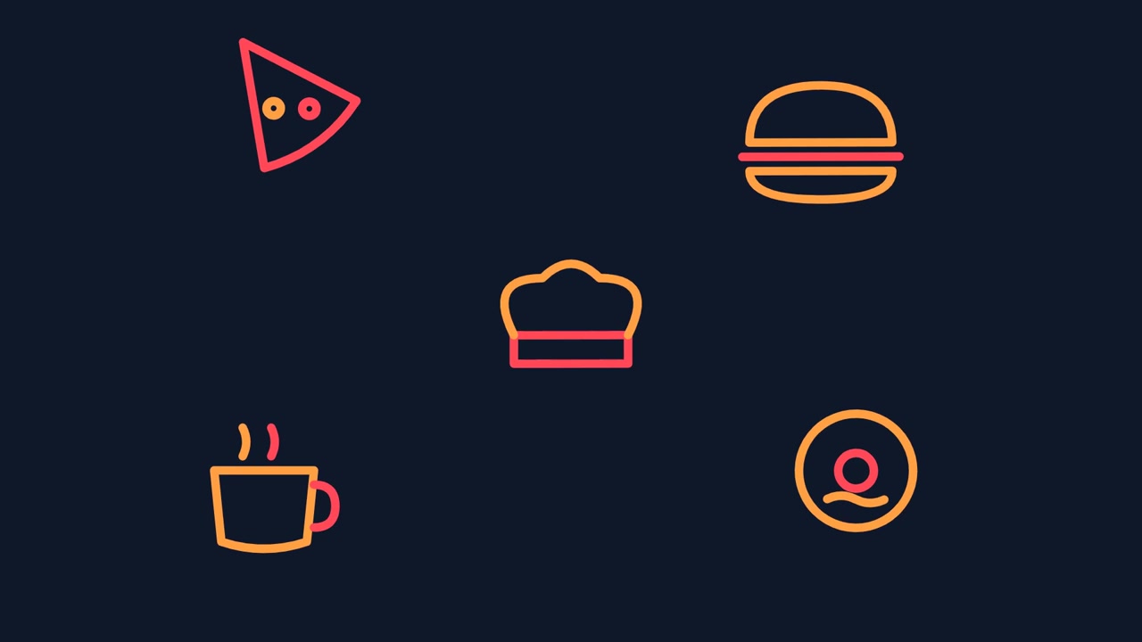 Ícones de Comida Neon Animados em Fundo Escuro