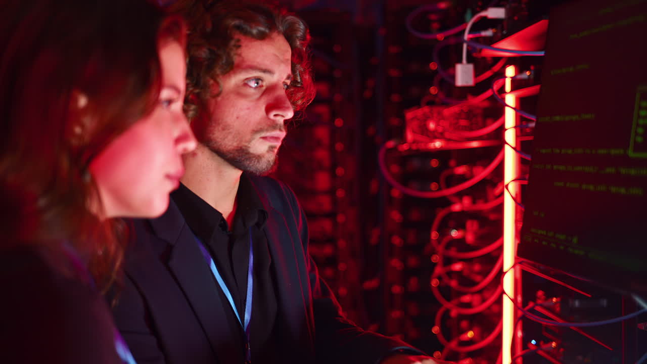 A man and a woman trying to fix an error in a server room with flashing red lights